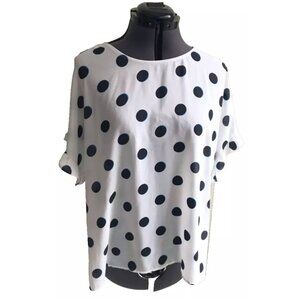 Worthington Flutter Cap Sleeve Round Neck Navy Polka Dot Blouse, Size L